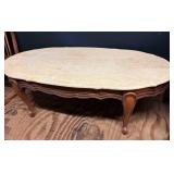Oval Marble-Top Coffee Table With Wood Base