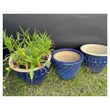 (3) Blue Round Ceramic Planters