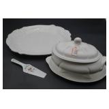 White Ceramic Tureen w/Ladle, Plater and Cake