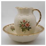 Ceramic Pitcher & Bowl Rose Motif