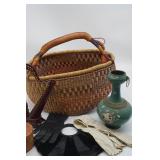 Basket w/Gloves, Vase and Etc.