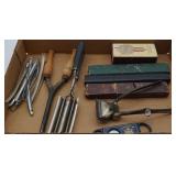 Collection of Straight Razors, Curling Iron, Crimp