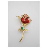 Vintage Enameled & Rhinestone Red Rose Brooch