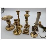 Collection of Brass Candlesticks and Night Light