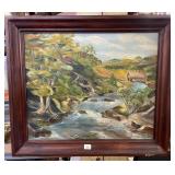 Oil on Canvas River Valley Landscape w/Cabin