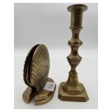 Brass Sea Shell Bookends and Brass Candlestick
