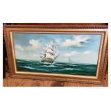 Framed Sailing Ship Seascape Painting Signed