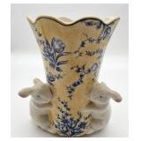 Yellow Ceramic Floral Vase Blue Toile Style w/