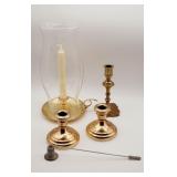 Brass Hurricane Lamp, Candlesticks, and Snuffer