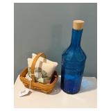 Longaberger Basket & Cobalt Blue Glass Bottle