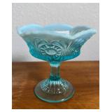 Fenton Blue Opalescent Eye and Scroll Pedestal