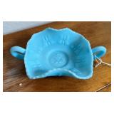 Fenton Blue Satin Glass Butterfly Handled Bon