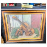Mid Century Violin Still Life Oil on Canvas Signed