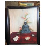 Mid Century Buddha Oil Painting on Canvas Signed