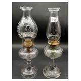 (2) Pressed Glass Pedestal Oil Lamps w/Chimneys