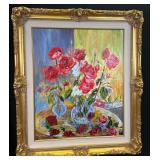 Red Roses Oil on Canvas Framed Painting by