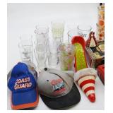 Box Lot Assorted Glassware, Hats & Etc.