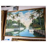 Tropical Waterfront Landscape Painting w/Boats