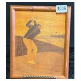 Mid Century Signed Wooden Inlay Golfer