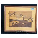Mid Century Wooden Inlay Wildlife Flying Ducks