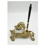 Art Nouveau Solid Brass Inkwell & Dip Pen Holder