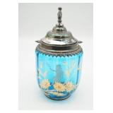 Antique Victorian Blue Mary Gregory Biscuit Jar w