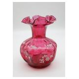 Fenton Hand Painted Cranberry Glass Vase