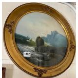 Antique Victorian Oval Coastal Seascape Painting
