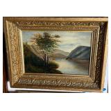 Antique Victorian Mountain Lake Landscape Oil