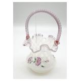 Fenton Trellis Hand Painted Basket w/Pink Handle