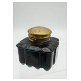 Victorian Dark Green Glass Desk Inkwell w/Brass