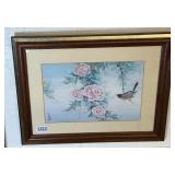 Asian Style Bird & Pink Peonies Watercolor Print