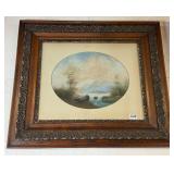 Victorian Oval Landscape Painting River Scene in