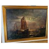 19th Century Oil Painting of Sailing Ships &