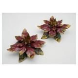 Enameled Metal Poinsettia Candle Holder Set