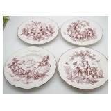 (4) New England Toile Dinner Plates One Chipped