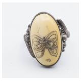 Sterling Silver Scrimshaw Oval Butterfly Ring