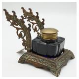 Victorian Ornate Desk Inkwell & Pen Stand Cobalt
