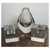 Orrefors Etched Crystal Vase and (2) Crystal Cube