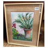 Watercolor Painting Potted Plant in Garden