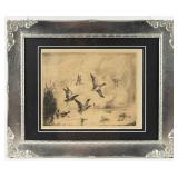 Artwork Framed Drawing in Ink of Flying DucksSign