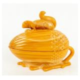 Caramel Slag Glass Squirrel Acorn Dish  MINT!