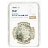 Coin 1881-S Morgan Silver Dollar NGC MS64