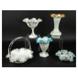 Vintage Lot of 5 MCM Color-Crested Milk Glass