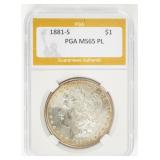 Coin 1881-S  Morgan Silver Dollar PGA MS65 PL