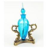 Azure Blue Crackle Glass Perfume Bottle & Stand