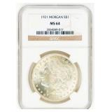 Coin 1921 Morgan Silver Dollar NGC MS64