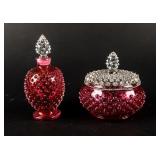 VTG Cranberry Hobnail Vanity Set of 2