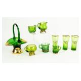 Lot of 9 Green Glass Bohemian Objects