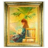 Vintage Girl w/ Dog Oil Painting by John A. Manol